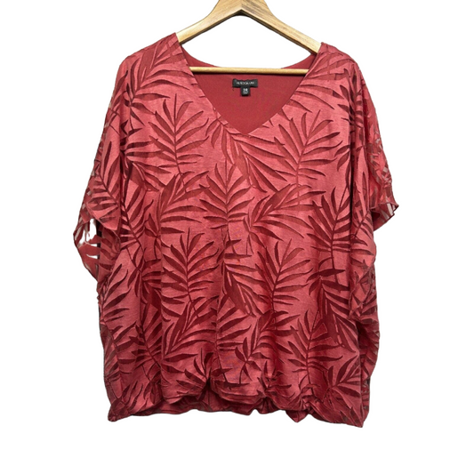 Autograph Top 20 Plus Coral Pink Sheer Overlay Leaf Viscose Short Sleeve