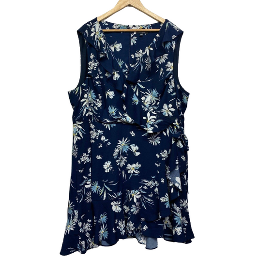 Basque Dress Womens Plus 24 W Blue V Neck Back Zip Ruffle Floral Tulip Hem Front