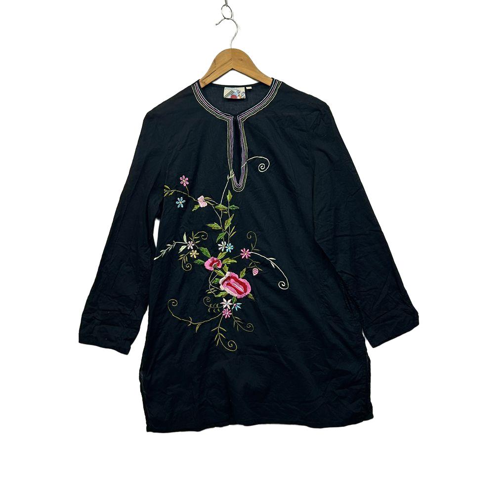 The Two Mrs Grenvilles Black Embroidered Floral Cotton Top - Size XL